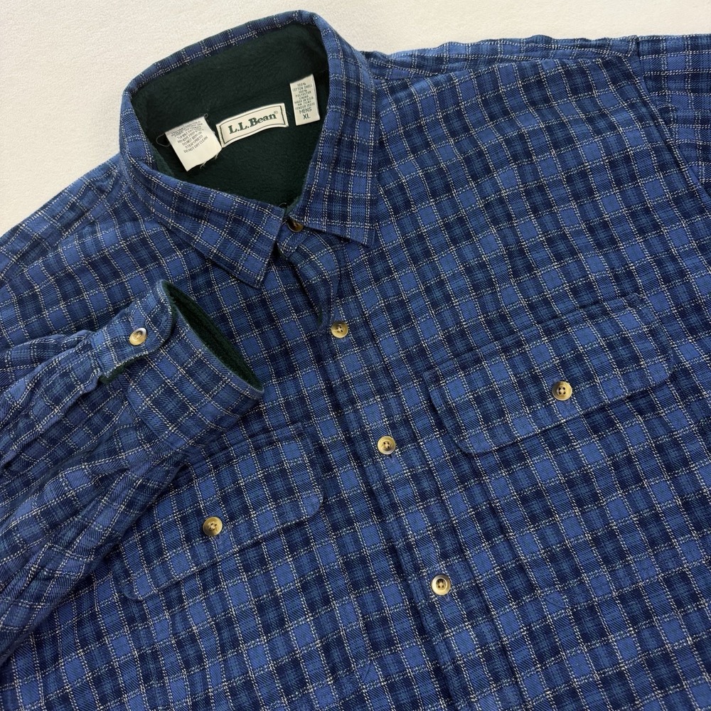 L.L.Bean Fleece Lined Flannel Shirt Mens XL Blue Plaid Tartan Vintage USA